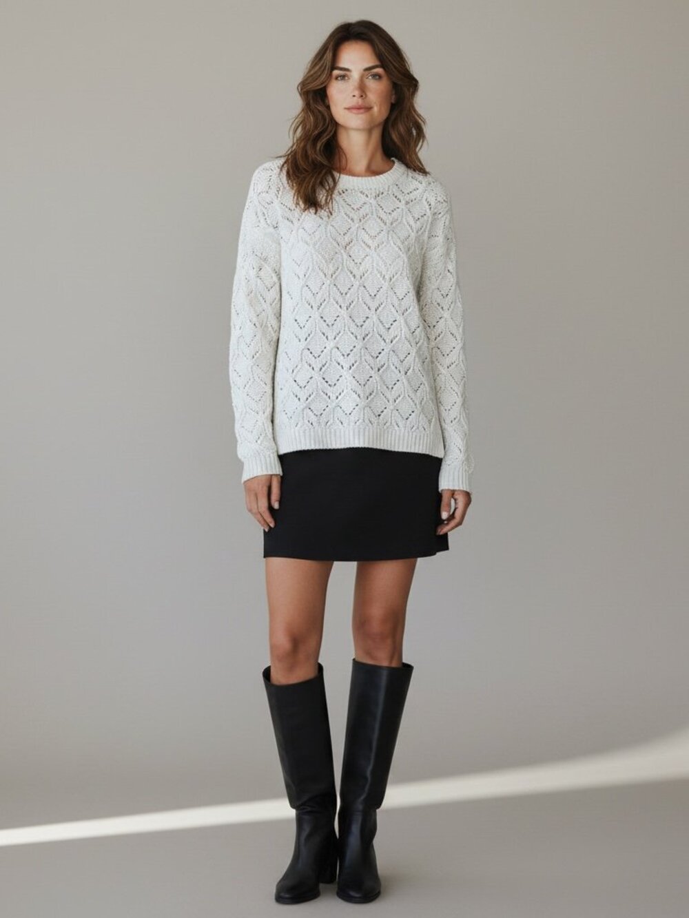 LOFT Cream Cable Knit Openwork Pointelle Sweater Off White Crew Neck - Picture 2 of 16